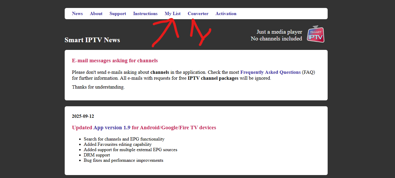 Site SIPTV Smart IPTV My List configuration
